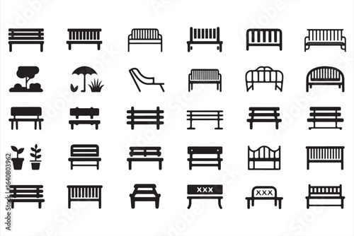 Set of 32 bench icons, outdoor and indoor seating furniture symbols, vector design