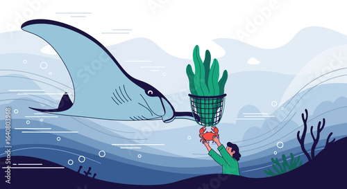 Manta ray delivering ocean plants to a human in underwater cartoon illustration