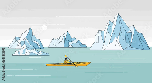 Kayaking Through Arctic Waters Exploring Icebergs Against Pale Sky Backdrop