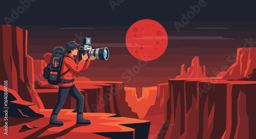 Photographer Capturing Majestic Martian Canyon Landscape Under a Crimson Sky