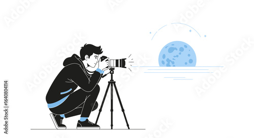 Photographer Capturing Moonscape Scene With Professional Camera on Tripod