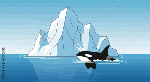 Killer Whale Leaps In Arctic Waters With Majestic Iceberg Backdrop Underneath Bright Sky