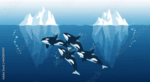 Killer Whales Pod Swimming In Cold Arctic Ocean With Icebergs Around Them