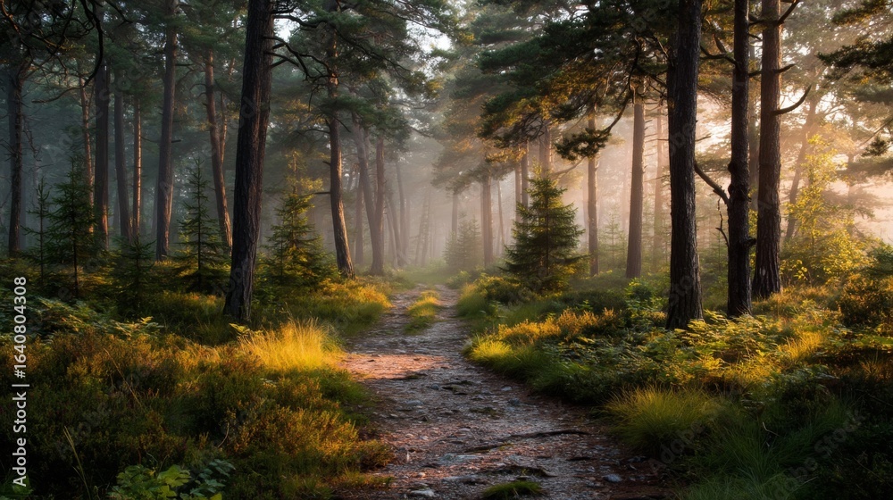 Obraz premium Sunlit Forest Path with Morning Mist