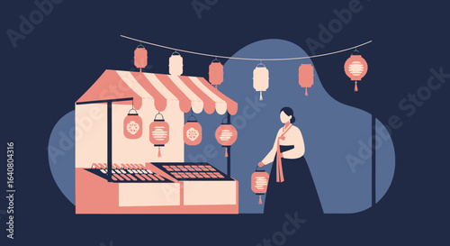 Korean Woman Holding Lantern At Traditional Food Market With Striped Stall