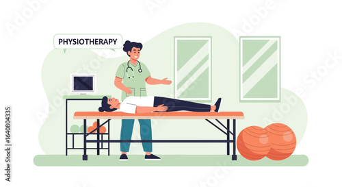 Physiotherapist assisting a patient during therapy session on a massage bed cartoon vector illustration offering specialized medical treatment