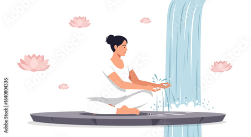 Meditation Under A Waterfall With Lotus Flowers For Harmony And Relaxation