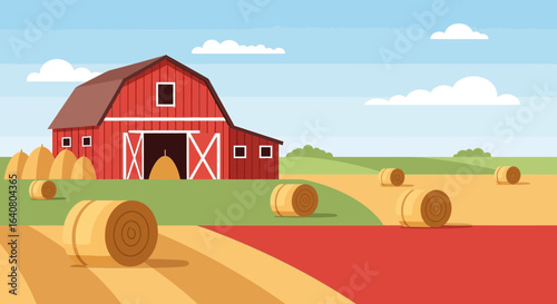 Picturesque Rural Landscape With Red Barn And Hay Bales On Rolling Fields