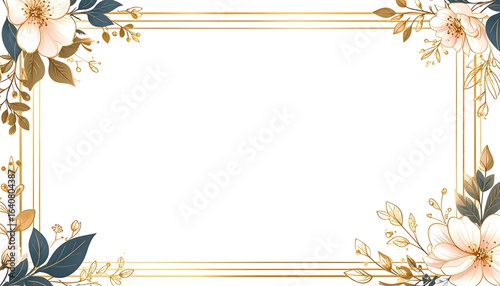 An elegant vector illustration of a rectangular photo frame with thin gold edges, adorned with beautiful floral corner accents of cream blossoms and teal leaves.