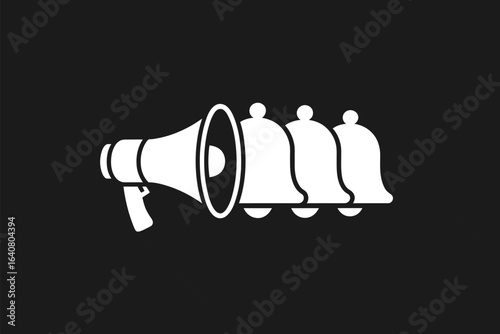A white megaphone and three white bells aligned on a black background in a minimalist style