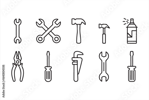 Collection of 10 Tool and Repair Icons, Black and White, Wrench and Hammer Symbols