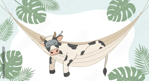 Lazy Cow Taking a Nap in a Hammock with Sleeping Mask Illustration