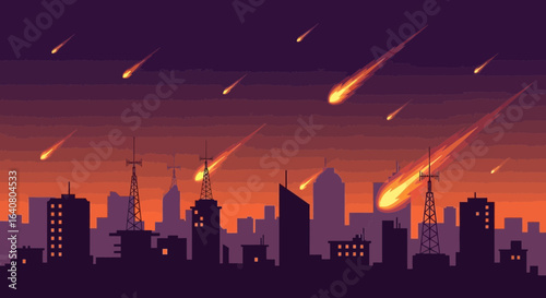 Meteor Shower over the City at Dusk a Dramatic Urban Scene with Fiery Comets and Silhouetted Buildings