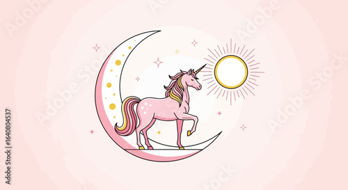 Pink Unicorn On a Crescent Moon Shining Near The Sun Concept Art