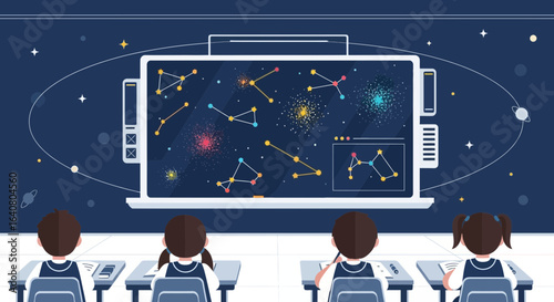 Learning About Space Exploration Children Observing Constellations In The Classroom