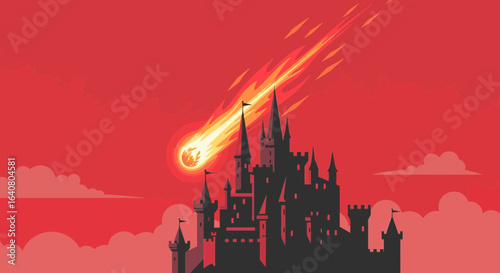 Meteor Strikes The Medieval Fortress On An Apocalyptic Red Sky