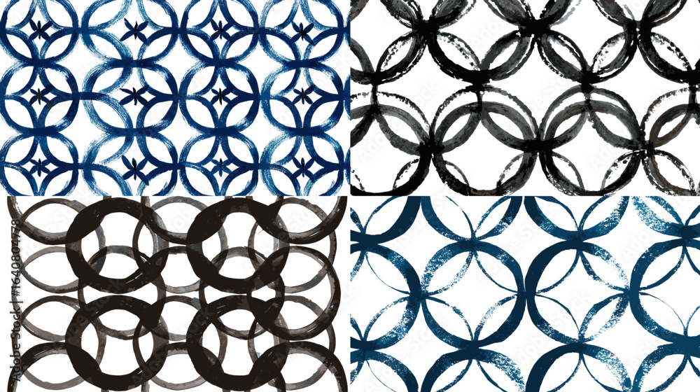 Fototapeta premium Artistic set of circular brush stroke patterns in blue and black, arranged in geometric, repeating designs with a bold, abstract feel.