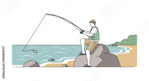 Line art of a fisherman on a rock catching a fish in the sea recreational activity