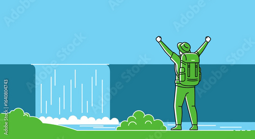 Line art illustration showcasing a tourist with backpack enjoying the beautiful landscape and a waterfall on a vibrant day
