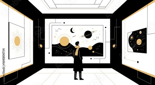 Minimalist art gallery illustration featuring a man contemplating celestial artwork  in a modern black and white space
