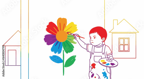 Little Artist Painting A Big Colorful Flower With Houses On A Wall