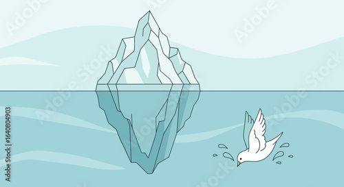 Minimalist Illustration of Iceberg Reflection in Water with Bird Diving for Fish
