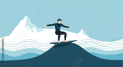 Minimalist Surfing Adventure with Mountain Backdrop for Modern Graphic Designs
