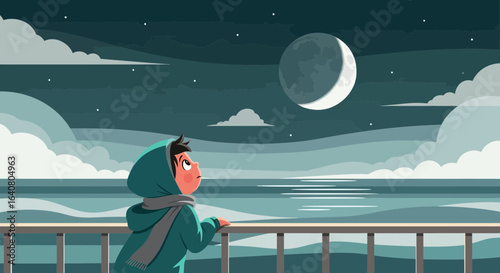 Little Explorer Gazing At The Crescent Moon Reflecting On The Water Surface