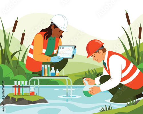 Two scientists in safety gear conducting water quality analysis outdoors vector illustration