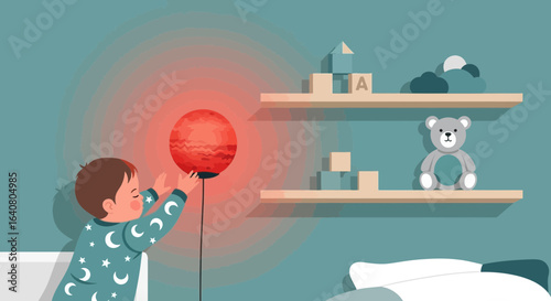Little Child Reaching for Mars Like Lamp in His Bedroom At Night