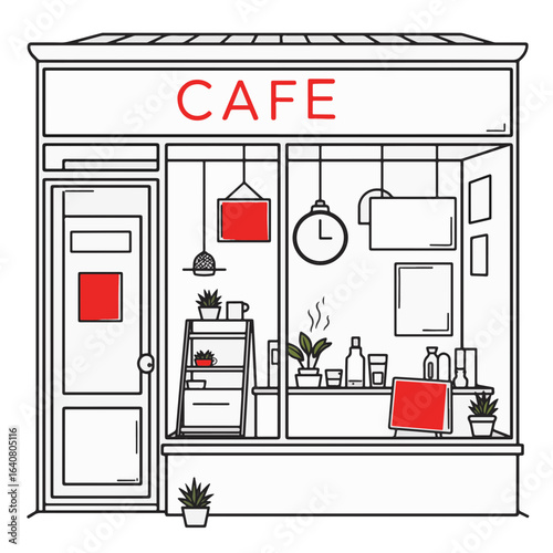 Minimalist cafe window with red accents showcasing a cozy ambiance