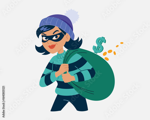 A flat vector illustration of a cartoon woman burglar carrying a sack of stolen money
