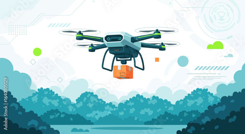Modern Delivery Drone Hovering Above Landscape With Package For Global Logistics