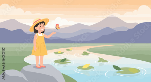 Little Girl Enjoying Nature With A Butterfly Near A Peaceful Mountain River