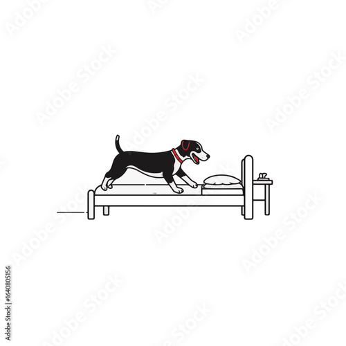 Happy dog jumping onto bed in minimalist black and white style, playful joy