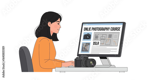 Woman learning photography through online course on computer with digital camera on desk illustration