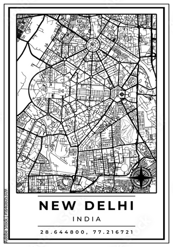 Downtown Street Maps of New Delhi City India, Black and White Modern Poster with Location Coordinate and Compass Position, Wall Art Home Decor Ready to Printable