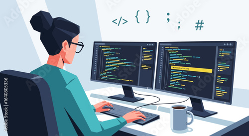 Female programmer coding on dual monitors with coffee cup in modern office illustration