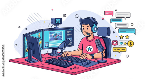 Gamer live streaming video games with dual monitors, microphone, and audience chat interaction