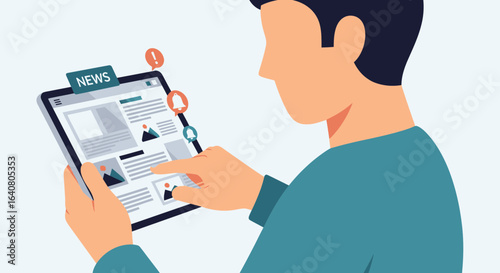 Man reading online news on digital tablet with notifications and updates