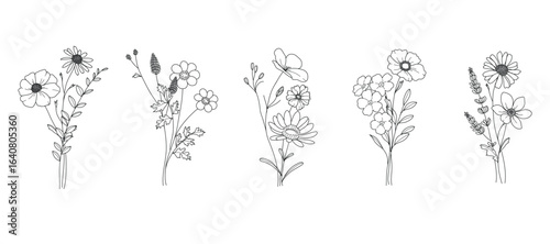 Flower doodle bouquet vector set. Collection black white contour drawing of foliage, wildflower, poppy, peony, eucalyptus. Illustration design for logo, wedding, invitation, decor.