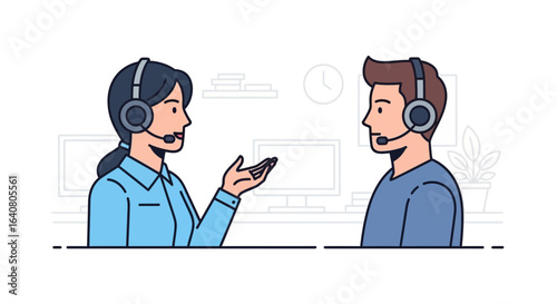 Two call center operators wearing headsets communicating in office environment customer support illustration