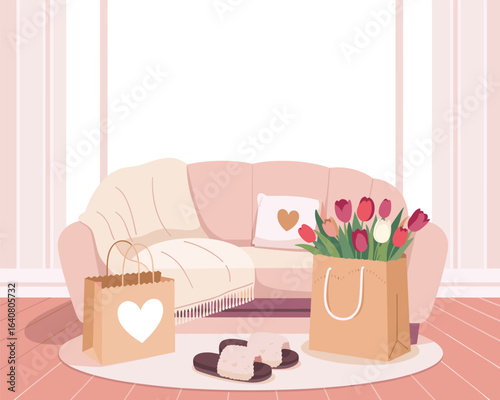 A heartwarming gift surprise with tulips for a special occasion in a cozy room