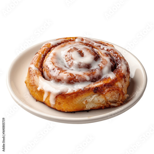 A single cinnamon roll, glazed and sitting on a light beige plate