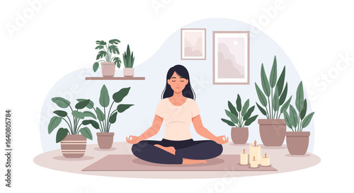 Young woman meditating in lotus position surrounded by indoor plants and candles, practicing mindfulness and relaxation at home, flat vector illustration