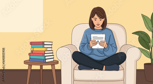 Illustration of woman sitting on armchair reading ebook on tablet with stack of books and indoor plant in cozy living room for leisure and relaxation concept