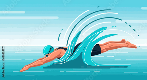 Professional Swimmer In Motion With Water Splashes Illustration Design