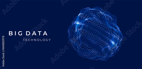 Blue abstract 3D globe made of mesh and particles, representing global network design, AI intelligence, blockchain, data, cyber technology, and futuristic science visualization