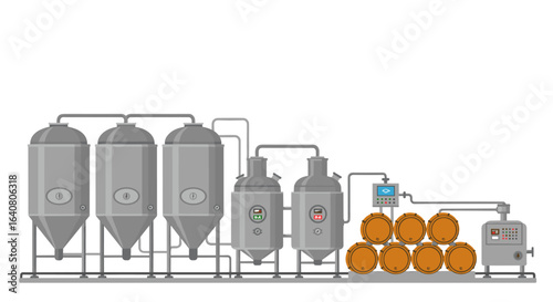 Modern brewery equipment with tanks and barrels in flat design