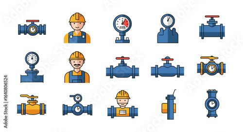 Colorful set of plumbing tools and worker icons for industrial projects